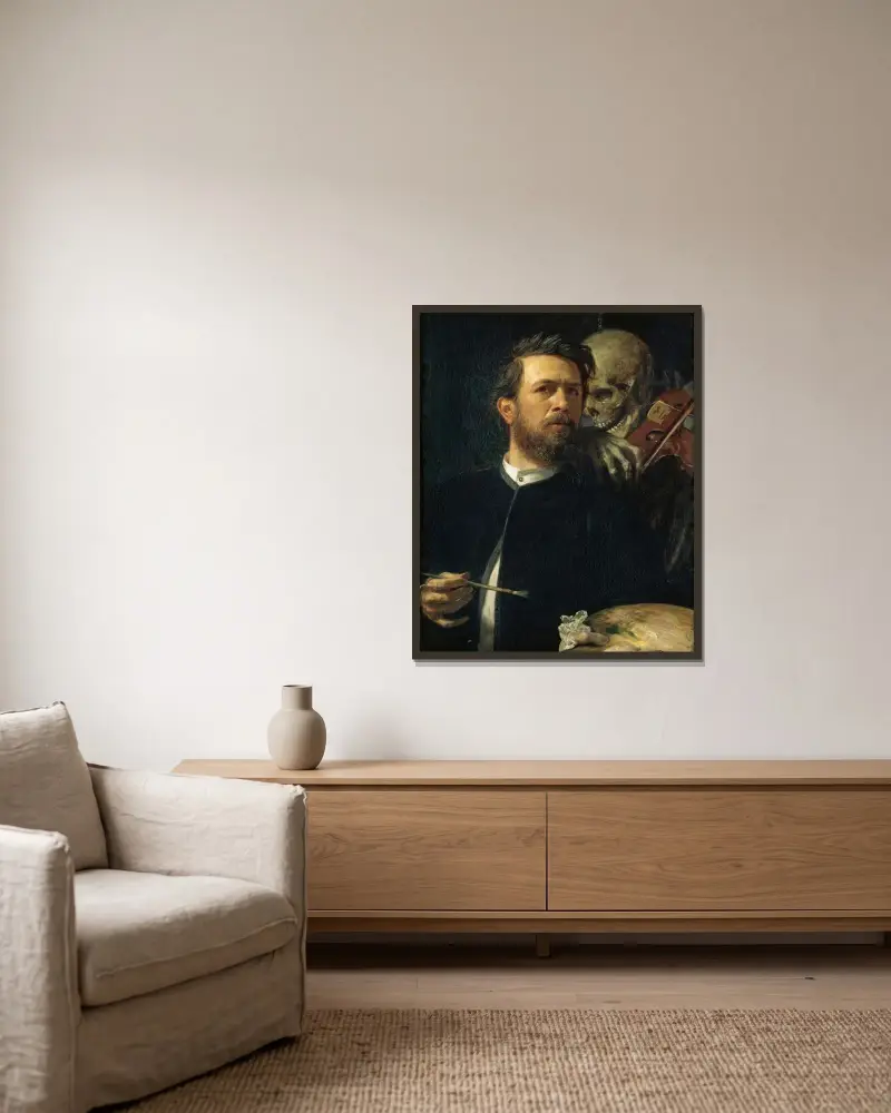 Självporträtt med spelande död av Arnold Böcklin inramad på en vägg