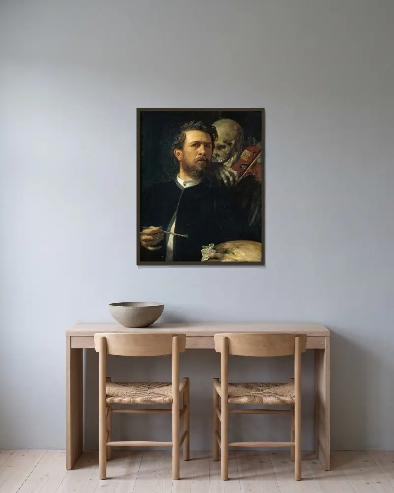 Självporträtt med spelande död av Arnold Böcklin inramad på en vägg