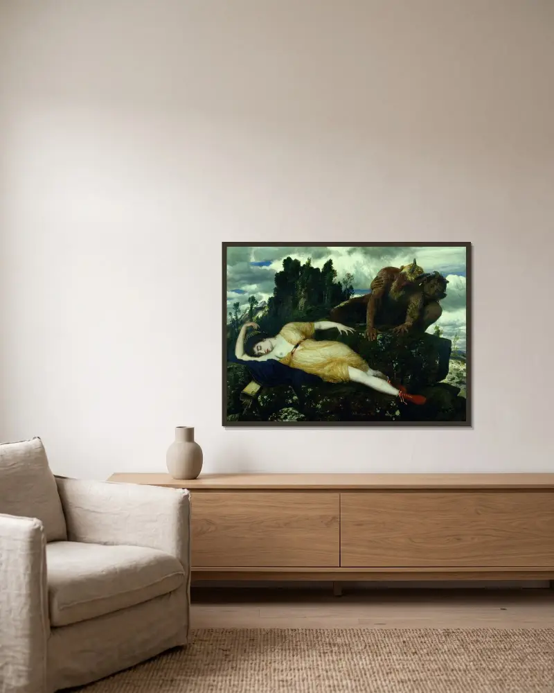 Den sovande Diana beskådad av två fauner av Arnold Böcklin inramad på en vägg