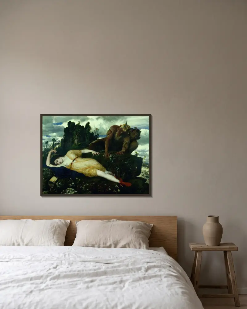 Den sovande Diana beskådad av två fauner av Arnold Böcklin inramad på en vägg