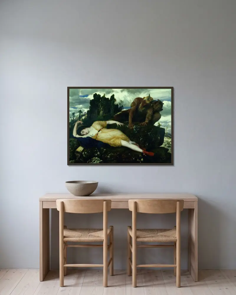Den sovande Diana beskådad av två fauner av Arnold Böcklin inramad på en vägg