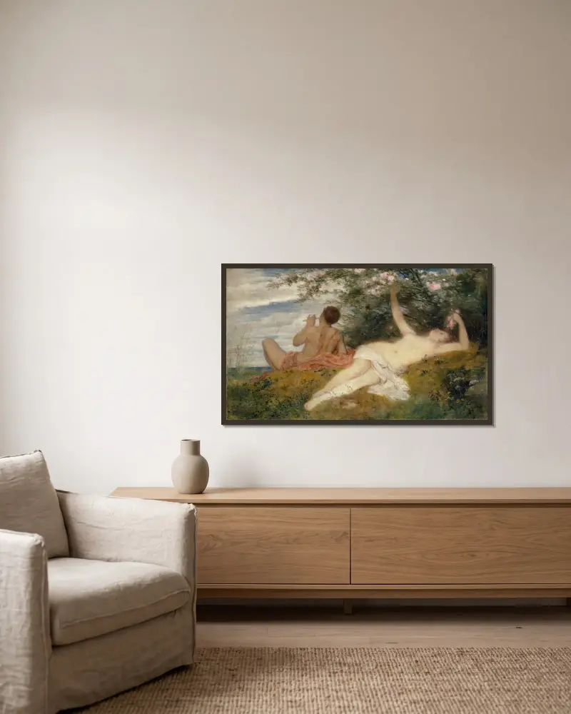 Frühling von Arnold Böcklin gerahmt an einer Wand