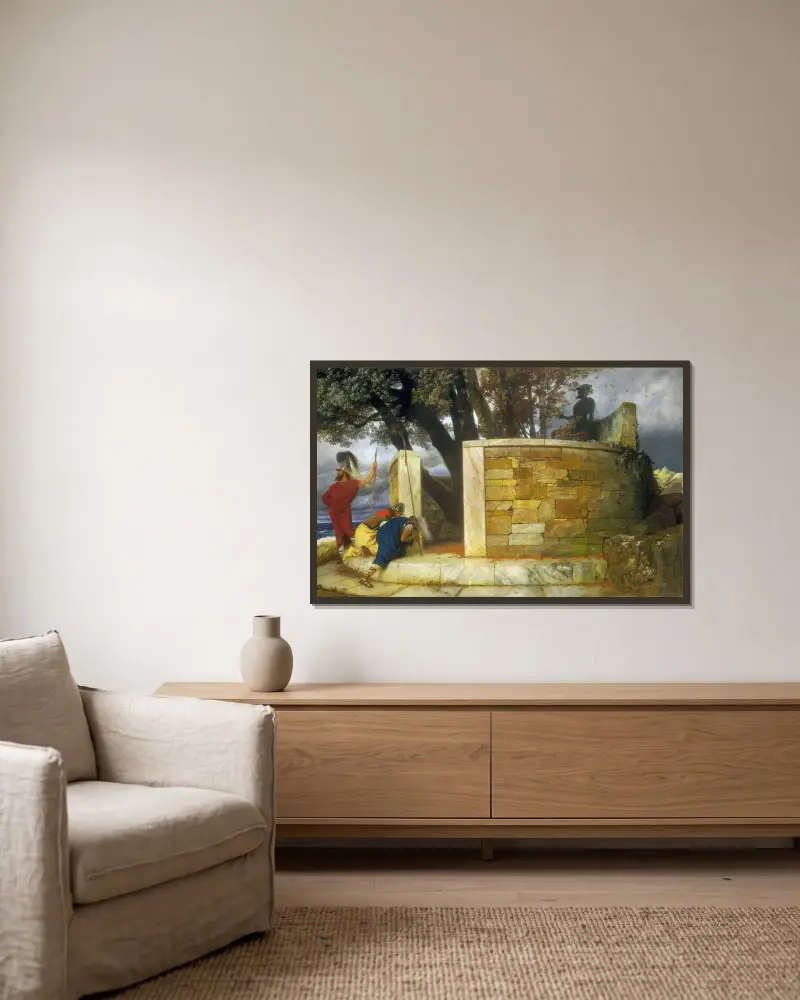 Herkules helgedom av Arnold Böcklin inramad på en vägg
