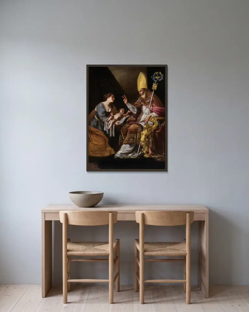 A Woman presenting her Child to Saint Blaise av Artemisia Gentileschi inramad på en vägg