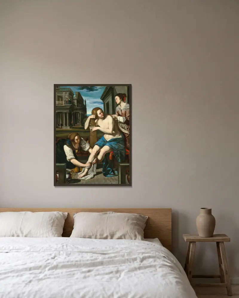 Bathsheba at her bath av Artemisia Gentileschi inramad på en vägg