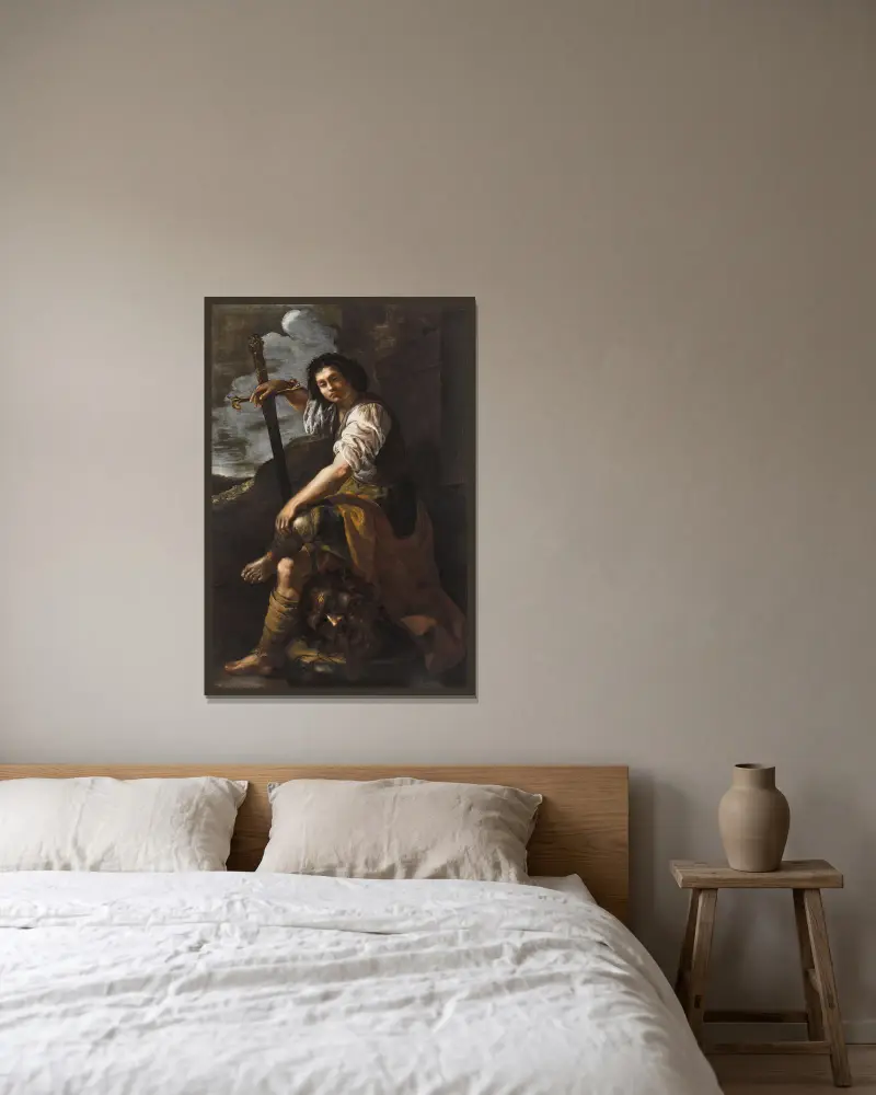 David with the head of Goliath av Artemisia Gentileschi inramad på en vägg