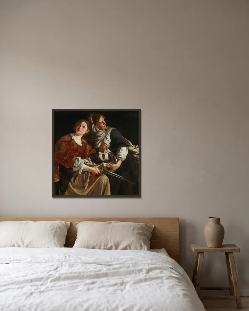 Judith and her maidservant with the head of Holofernes – nr 1 av Artemisia Gentileschi inramad på en vägg