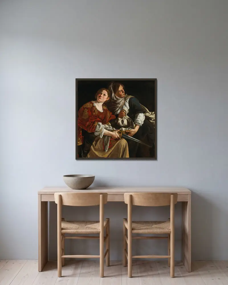 Judith and her maidservant with the head of Holofernes – nr 1 av Artemisia Gentileschi inramad på en vägg