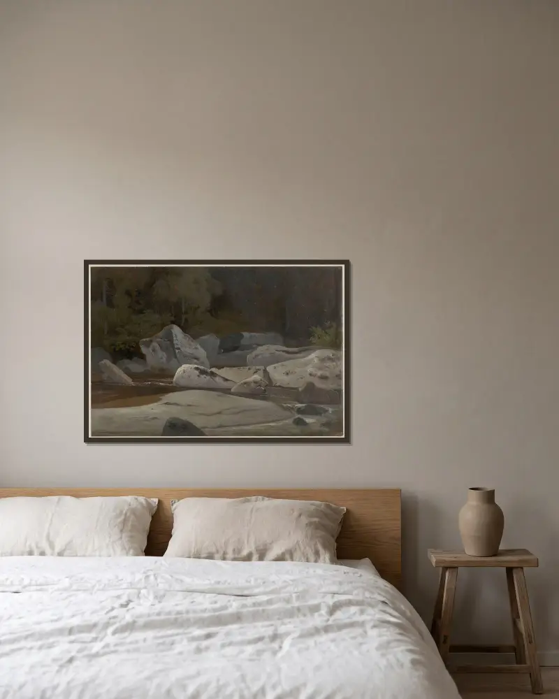 Gebirgsbach mit Felsen von Arthur Blaschnik gerahmt an einer Wand