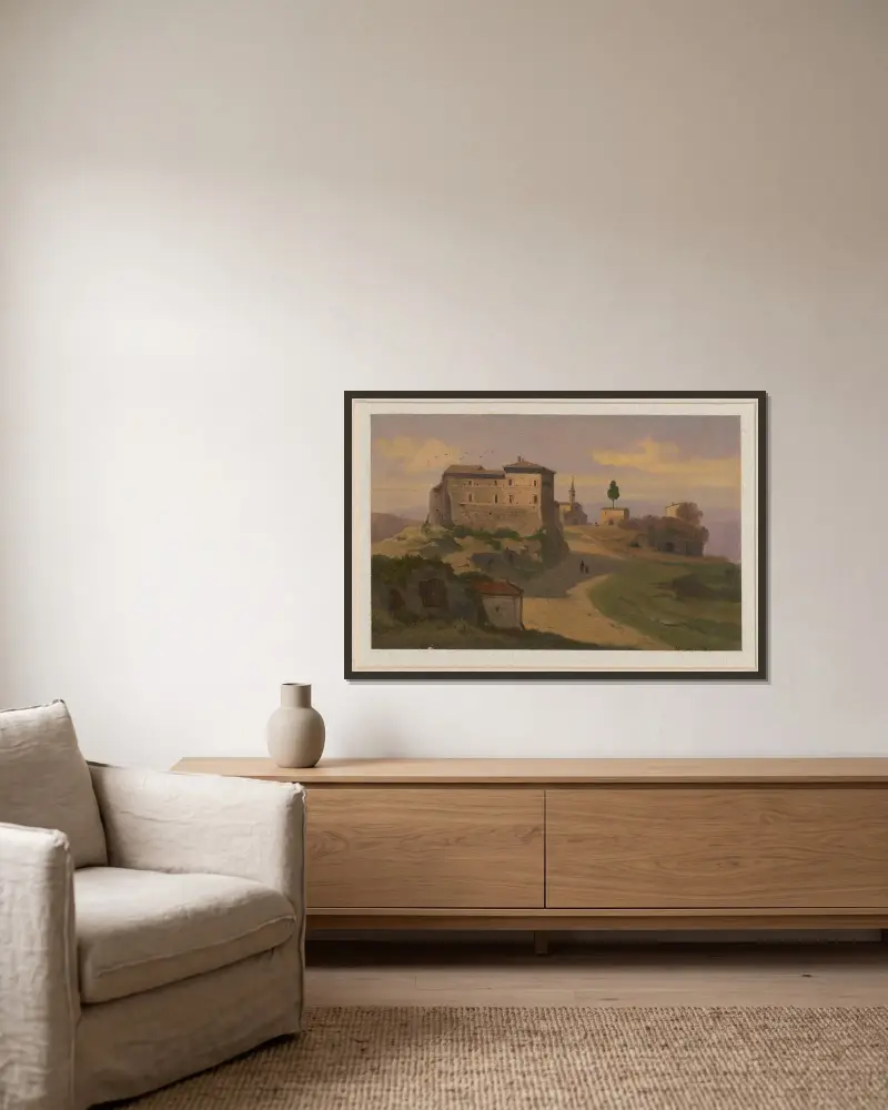 Vy över Castello Farnese i Isola Farnese av Arthur Blaschnik inramad på en vägg
