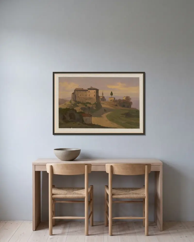 Vy över Castello Farnese i Isola Farnese av Arthur Blaschnik inramad på en vägg