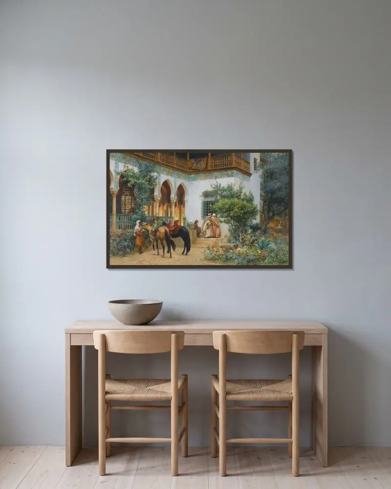 En nordafrikansk innergård av Frederick Arthur Bridgman inramad på en vägg