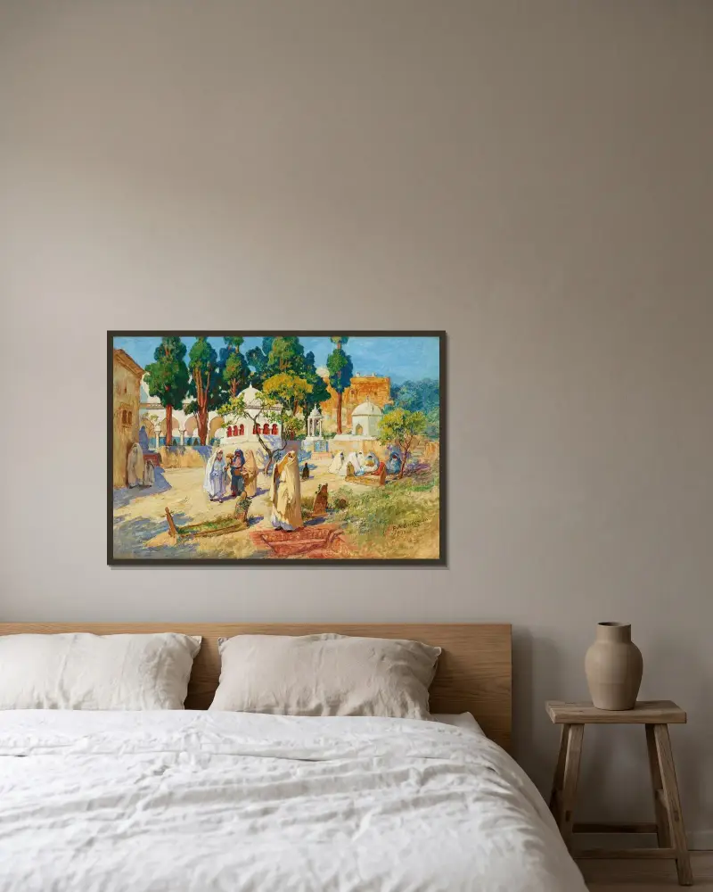 Arabisk kvinnodag på kyrkogården, Bou-Kobrine av Frederick Arthur Bridgman inramad på en vägg