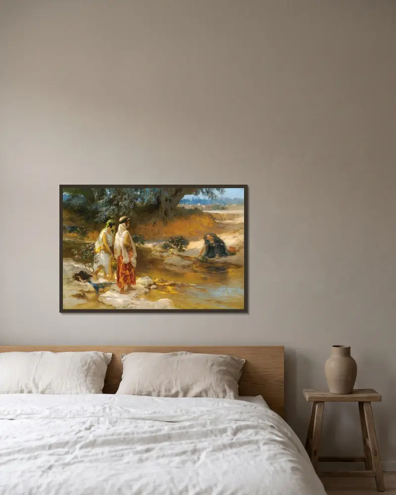 Vid vattnets kant av Frederick Arthur Bridgman inramad på en vägg