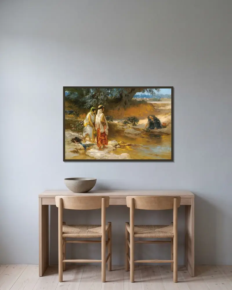 Vid vattnets kant av Frederick Arthur Bridgman inramad på en vägg