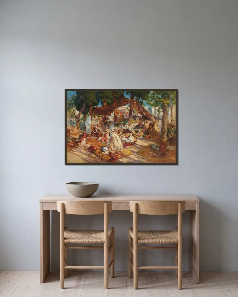 Marknaden av Frederick Arthur Bridgman inramad på en vägg