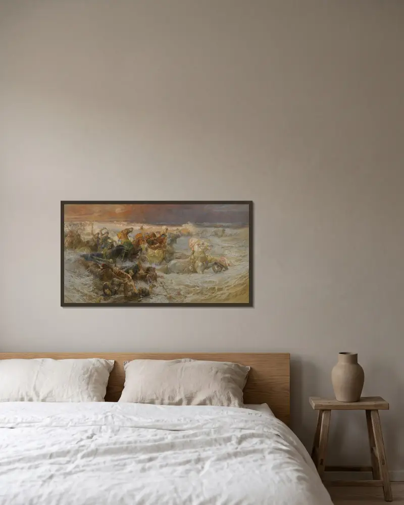 Farao och hans här uppslukas av Röda havet av Frederick Arthur Bridgman inramad på en vägg