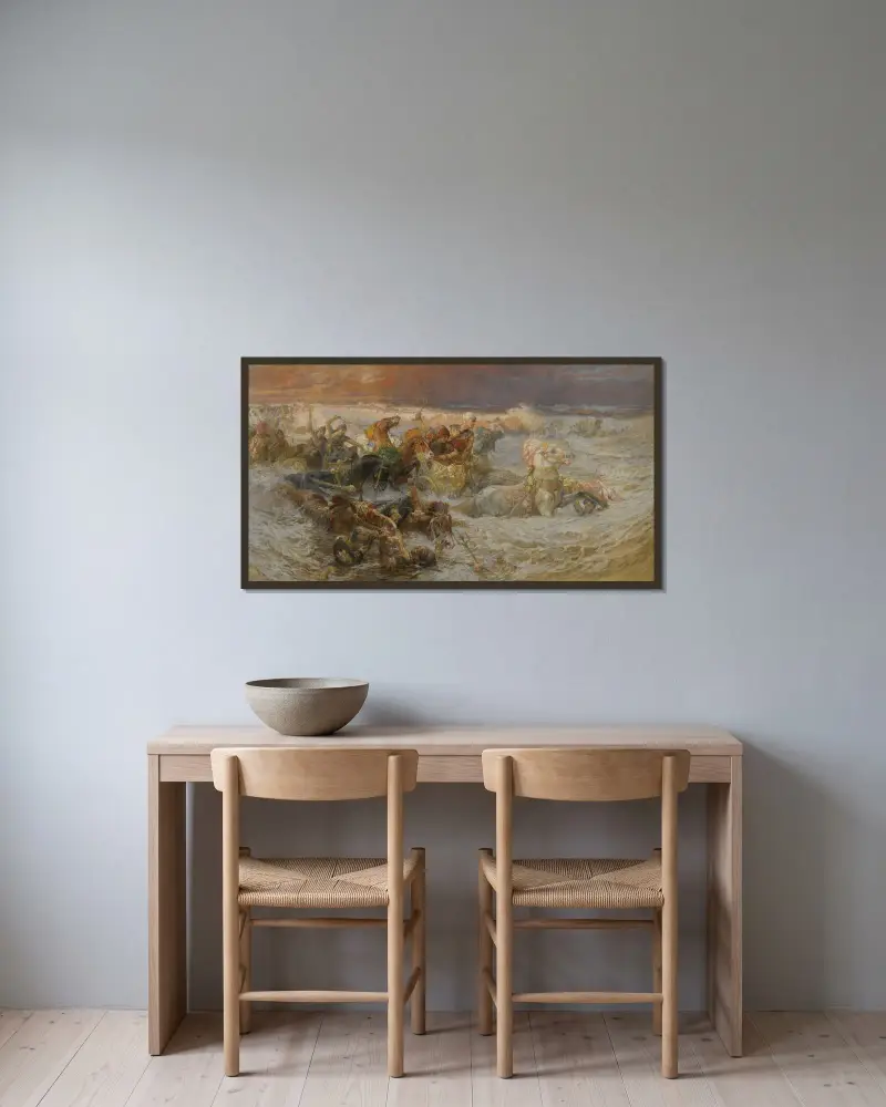 Farao och hans här uppslukas av Röda havet av Frederick Arthur Bridgman inramad på en vägg