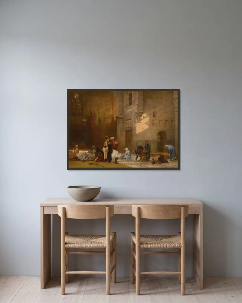 Bön i moskén, Kairo av Frederick Arthur Bridgman inramad på en vägg