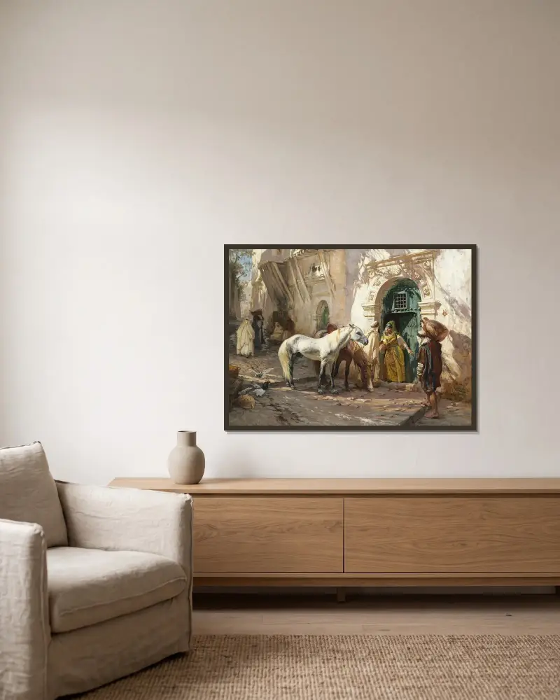 Scen tagen i Marocko av Frederick Arthur Bridgman inramad på en vägg