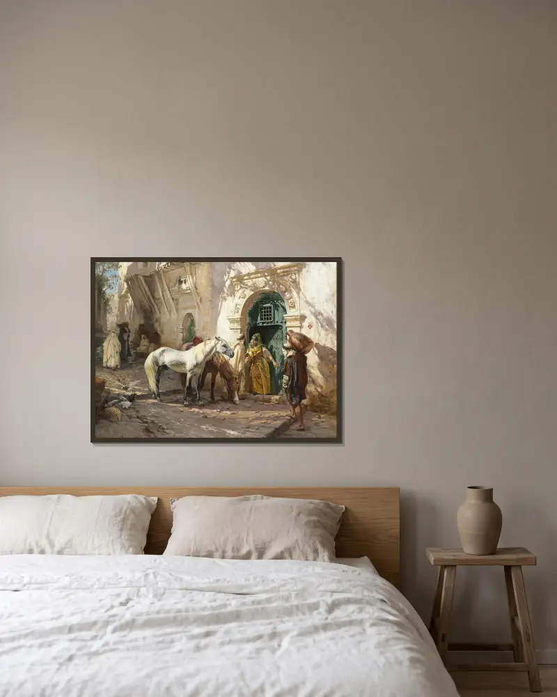 Scen tagen i Marocko av Frederick Arthur Bridgman inramad på en vägg