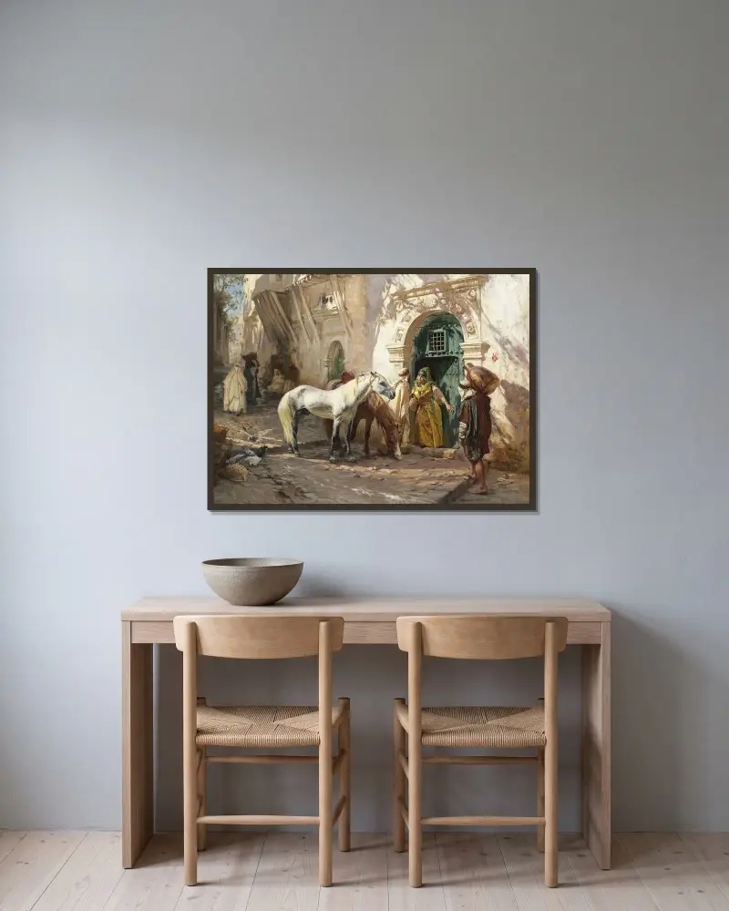 Scen tagen i Marocko av Frederick Arthur Bridgman inramad på en vägg