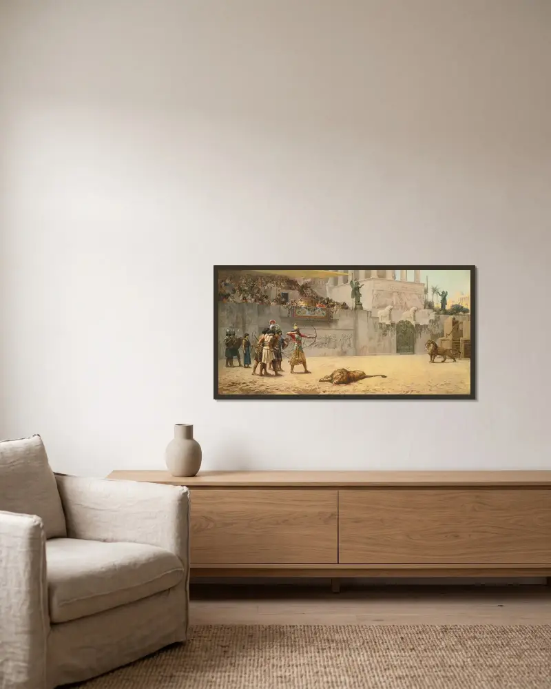 Den assyriske kungens förströelse av Frederick Arthur Bridgman inramad på en vägg