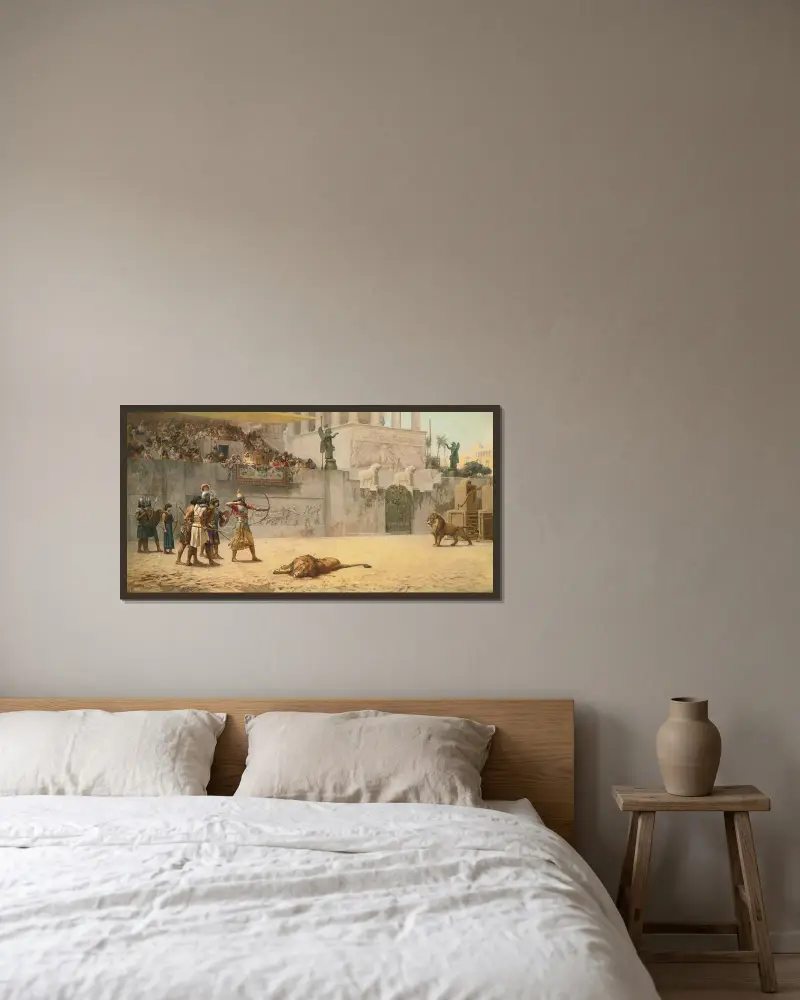 Den assyriske kungens förströelse av Frederick Arthur Bridgman inramad på en vägg