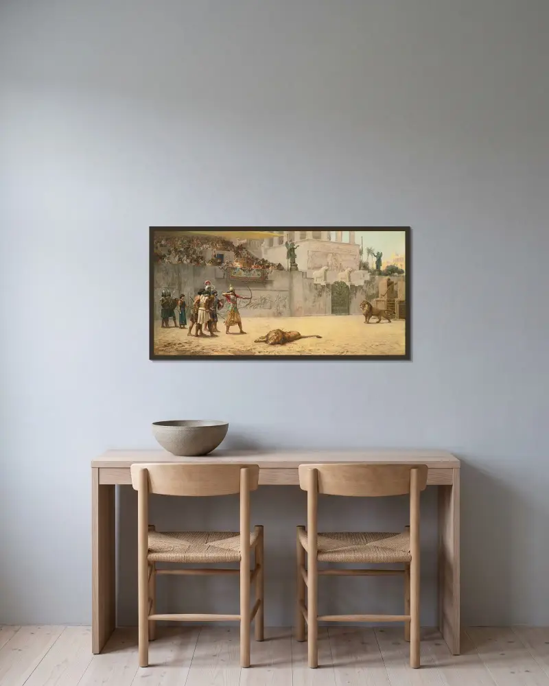 Den assyriske kungens förströelse av Frederick Arthur Bridgman inramad på en vägg