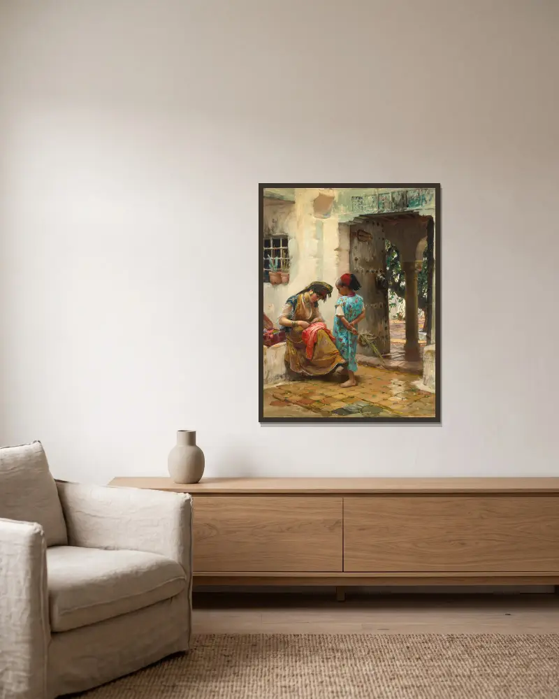 Lekce šití, Frederick Arthur Bridgman v rámu na stěně