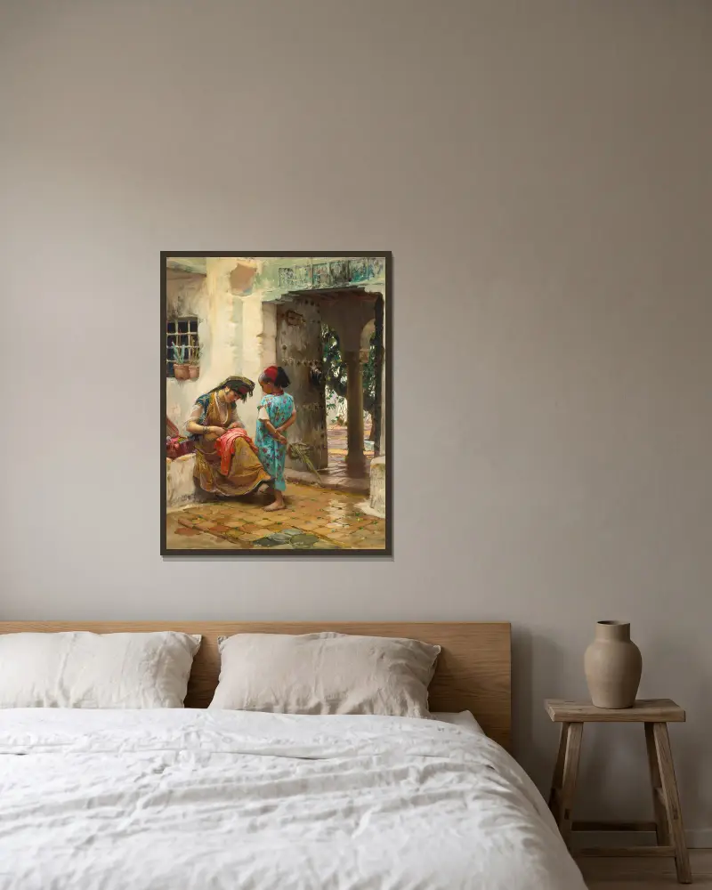 Lekce šití, Frederick Arthur Bridgman v rámu na stěně