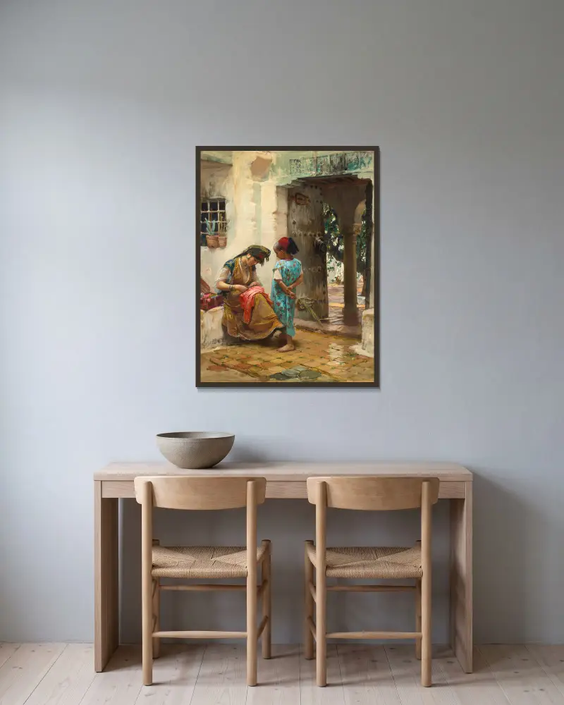 Lekce šití, Frederick Arthur Bridgman v rámu na stěně