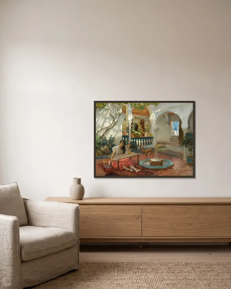 Die Weberin von Frederick Arthur Bridgman gerahmt an einer Wand