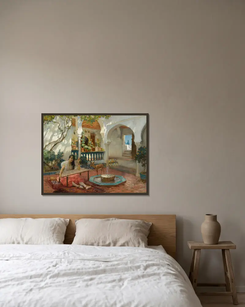 Die Weberin von Frederick Arthur Bridgman gerahmt an einer Wand
