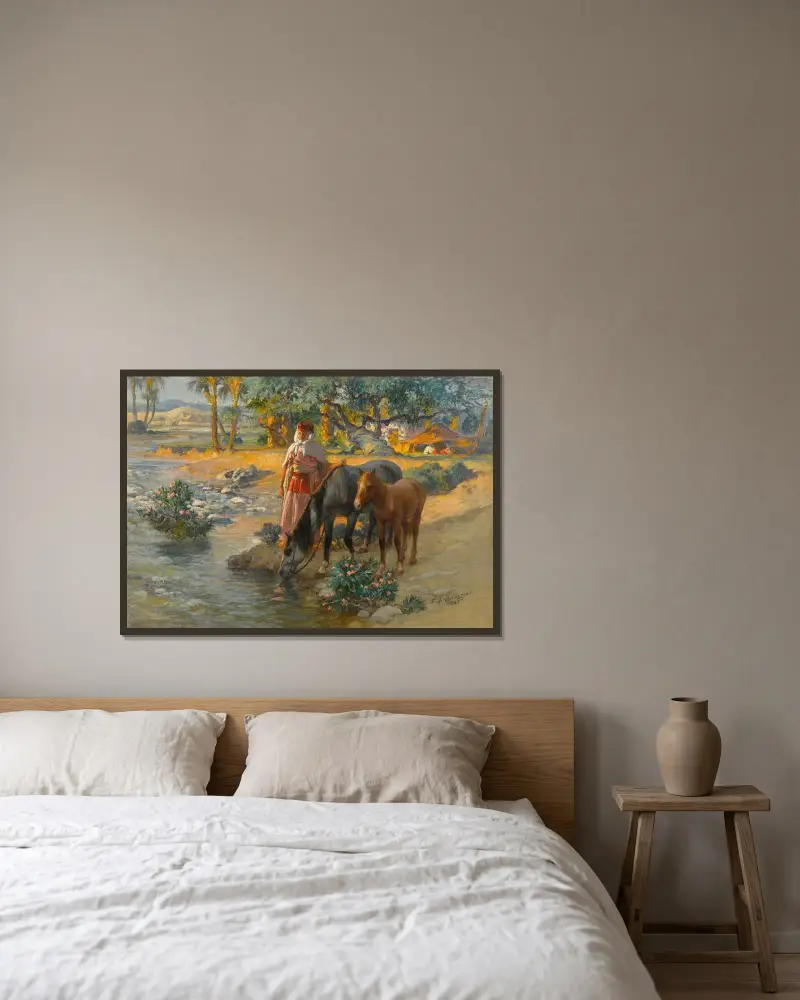 Vattning av hästarna av Frederick Arthur Bridgman inramad på en vägg