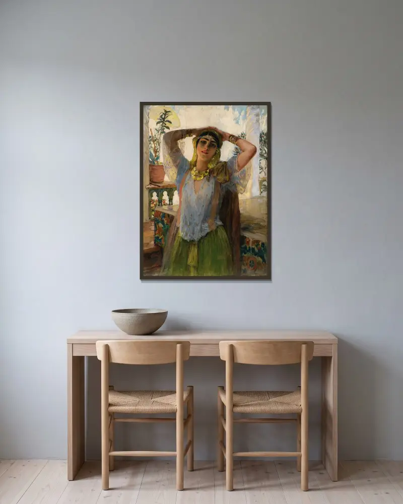 Ung orientkvinna på en terrass av Frederick Arthur Bridgman inramad på en vägg
