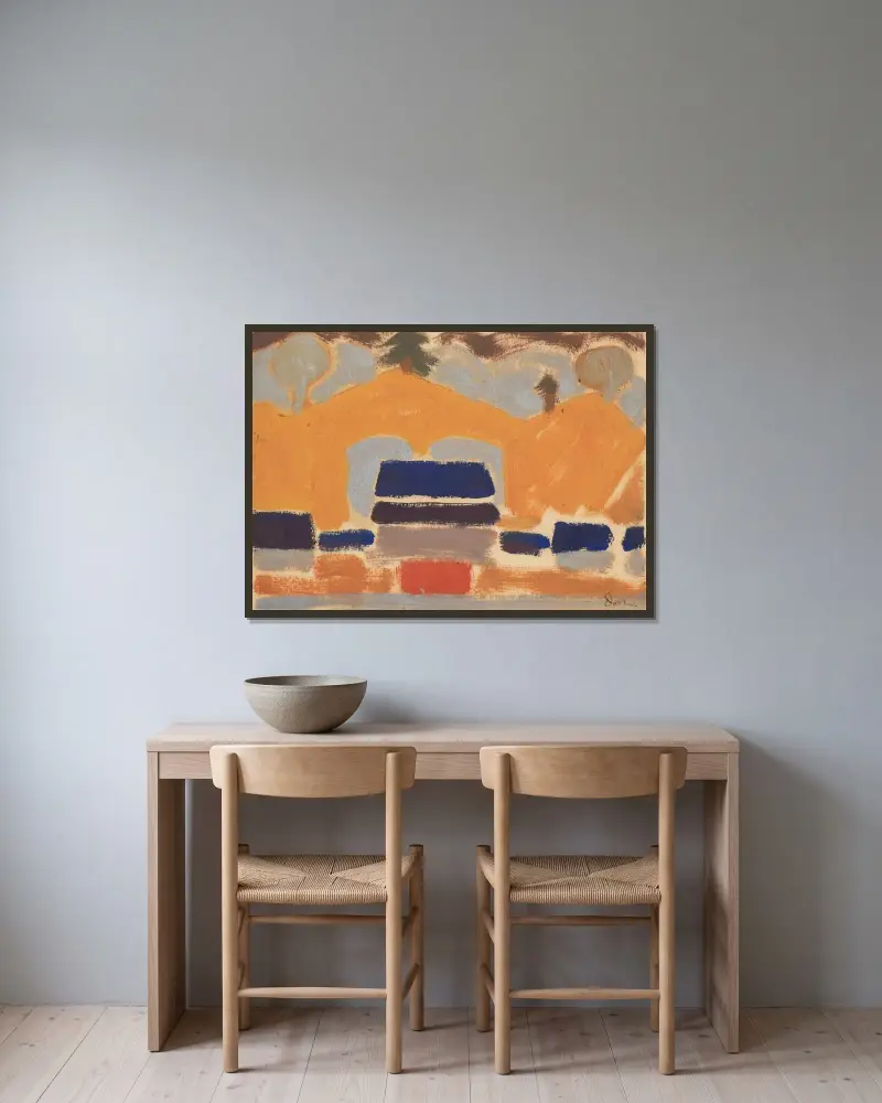 Landskap med hus av Arthur Dove inramad på en vägg