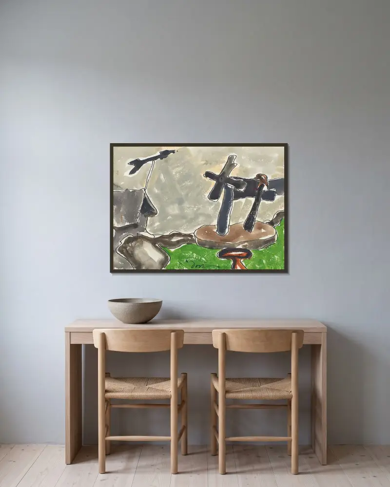 Landskap med vindflöjel av Arthur Dove inramad på en vägg
