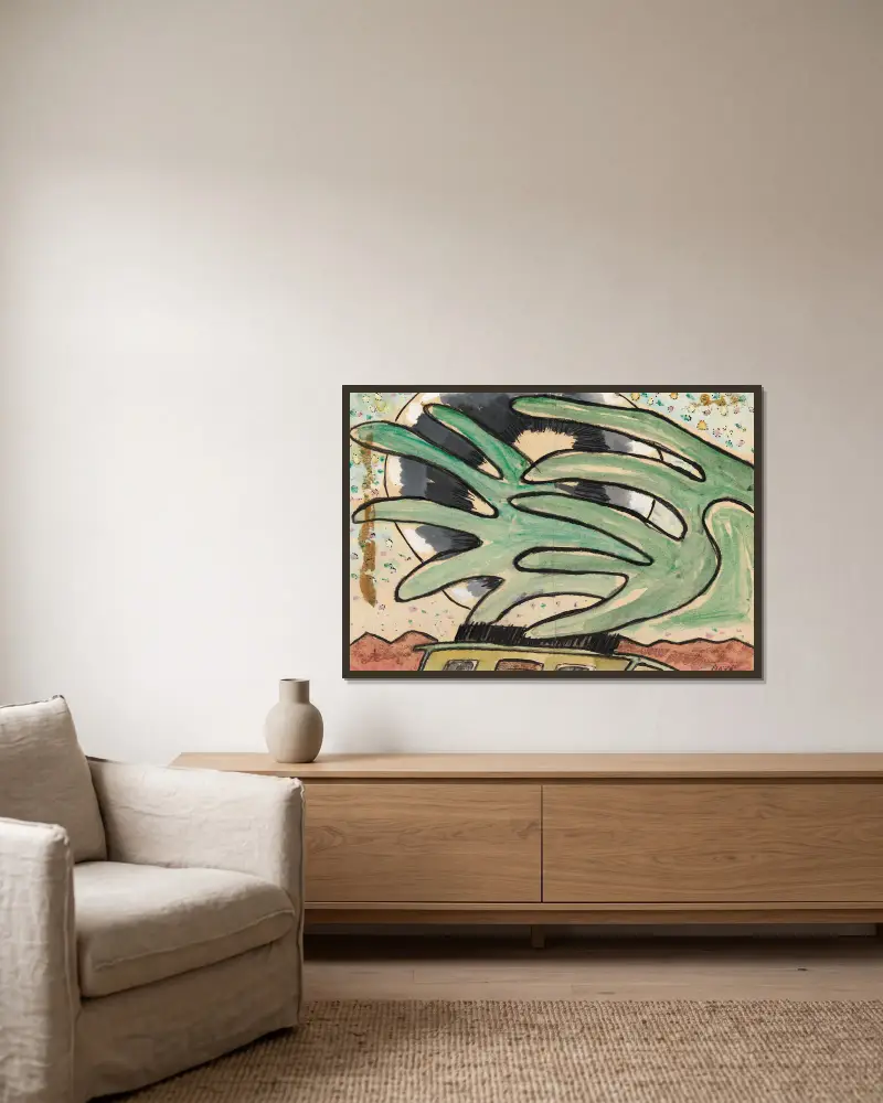 Silberkugel, Lastkahn und Bäume von Arthur Dove gerahmt an einer Wand