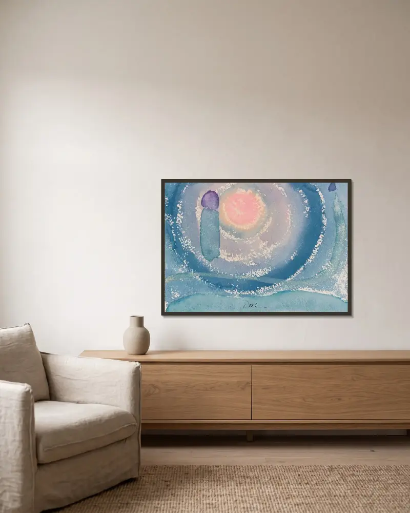 Soluppgång I av Arthur Dove inramad på en vägg