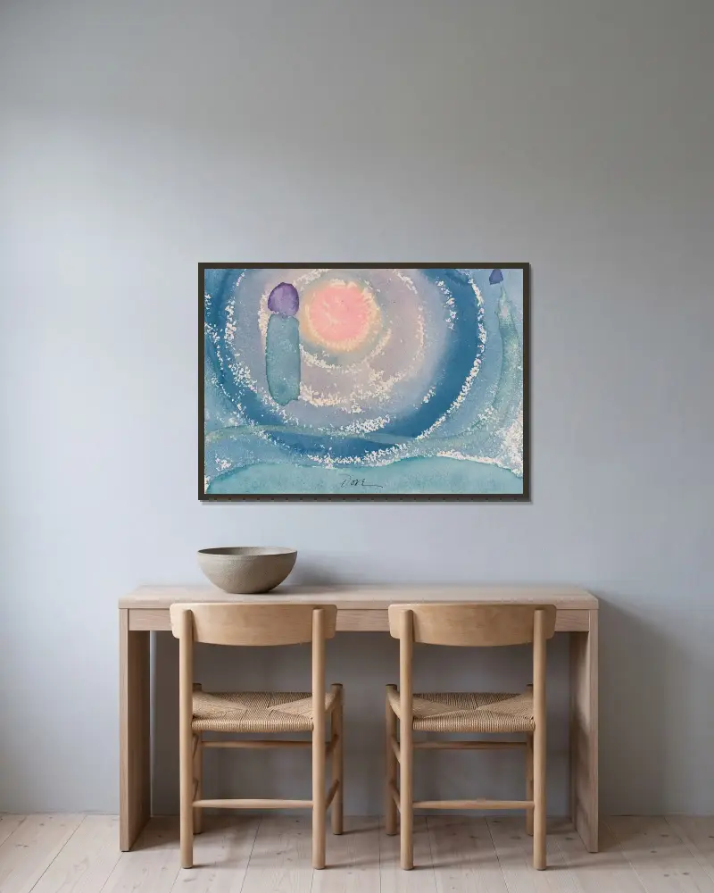 Soluppgång I av Arthur Dove inramad på en vägg