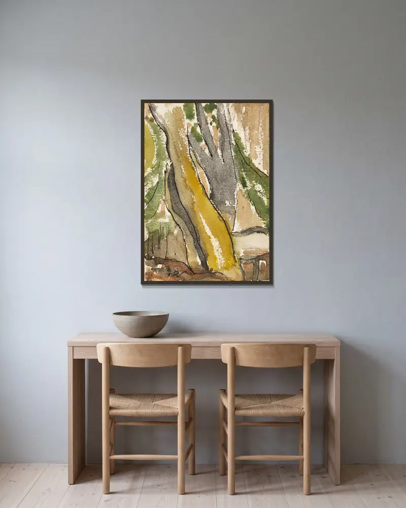 Bäume hinter dem Haus von Arthur Dove gerahmt an einer Wand