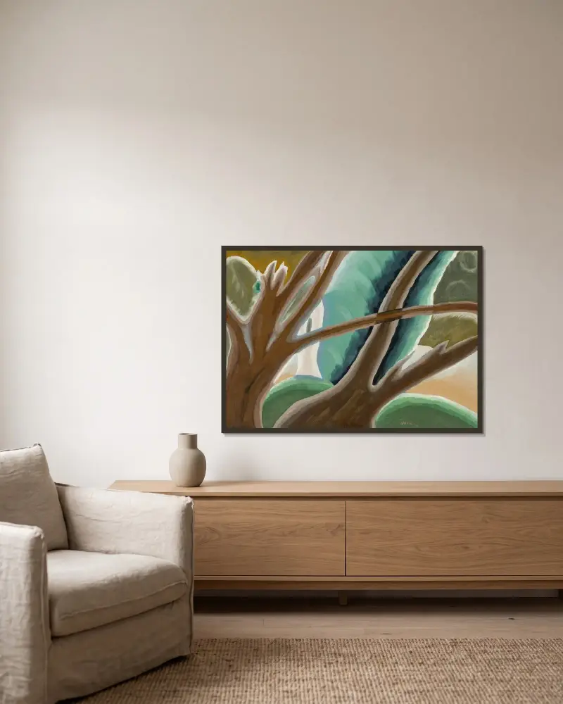 Zwei braune Bäume von Arthur Dove gerahmt an einer Wand