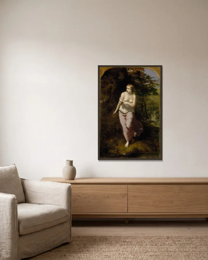 Musidora badend von Arthur Hughes gerahmt an einer Wand