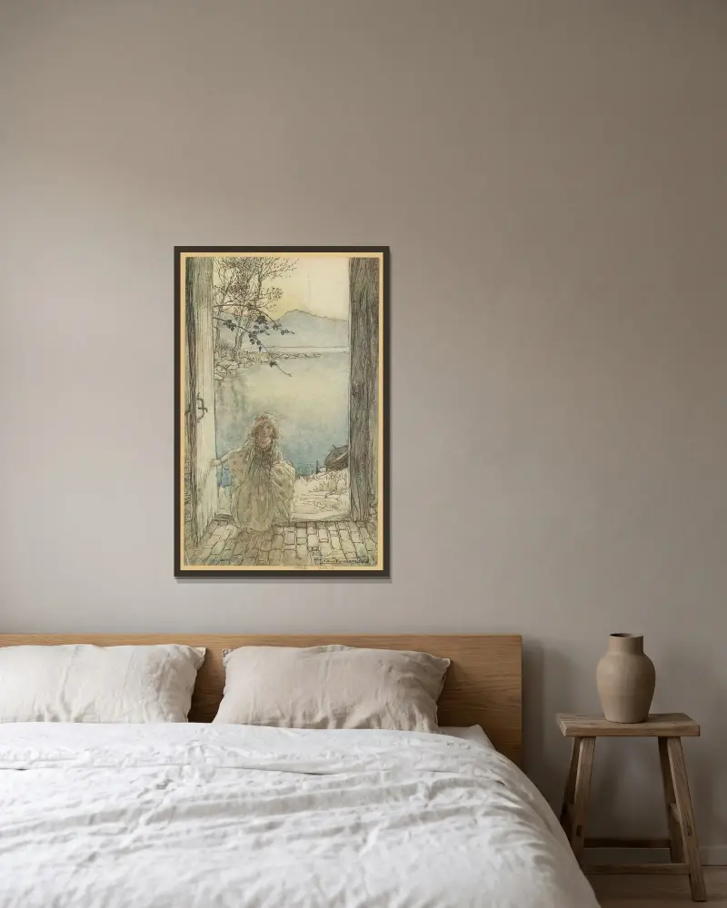 En vacker liten flicka i rika kläder stod där på tröskeln och log av Arthur Rackham inramad på en vägg