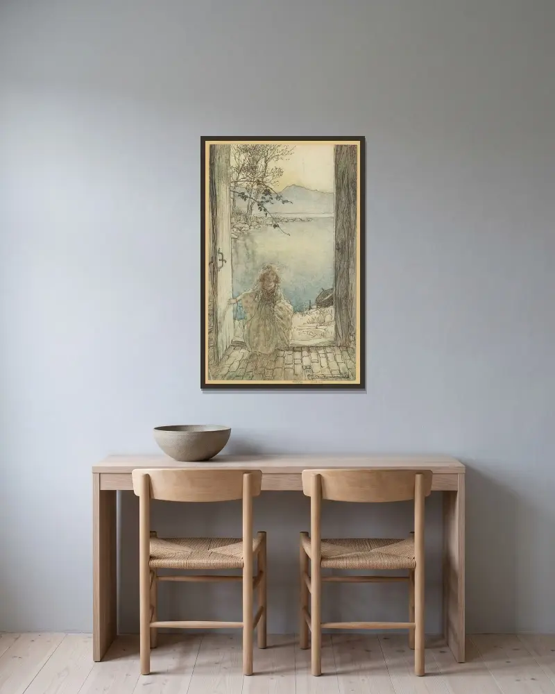 En vacker liten flicka i rika kläder stod där på tröskeln och log av Arthur Rackham inramad på en vägg