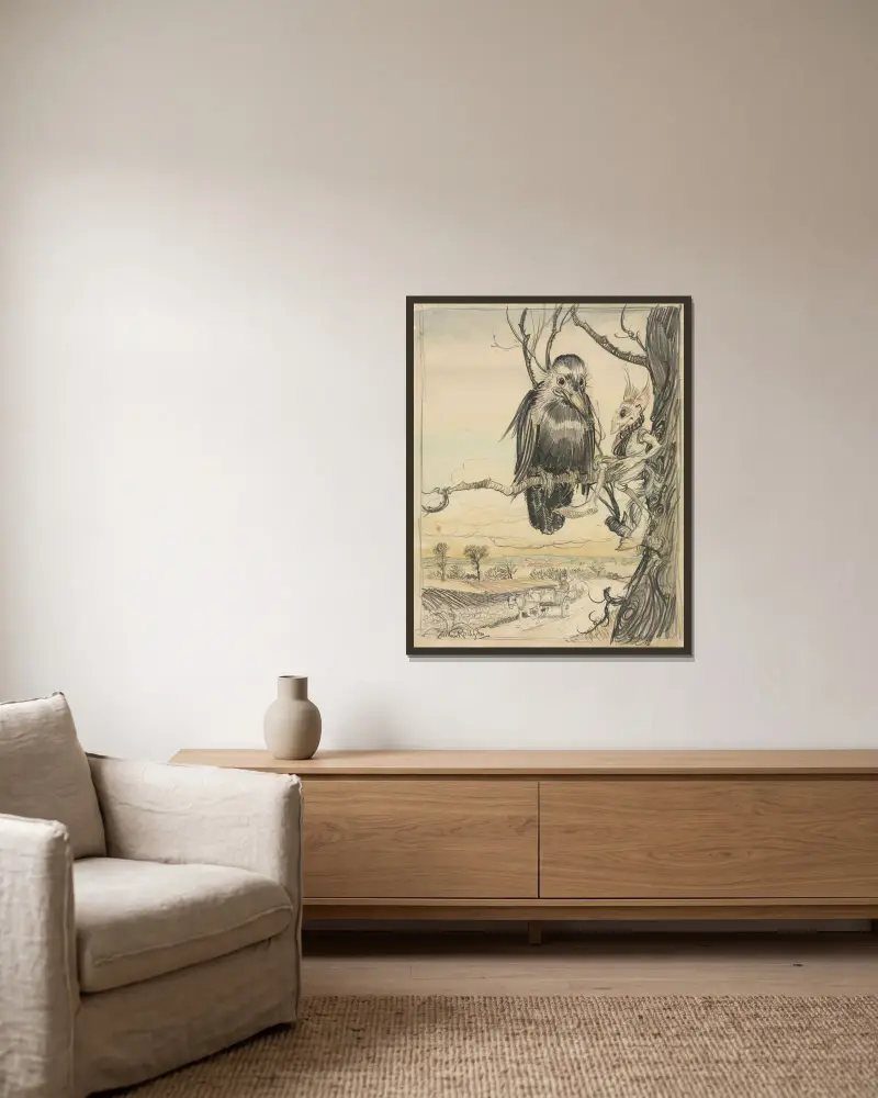 Ein Eichhörnchen und eine Krähe von Arthur Rackham gerahmt an einer Wand