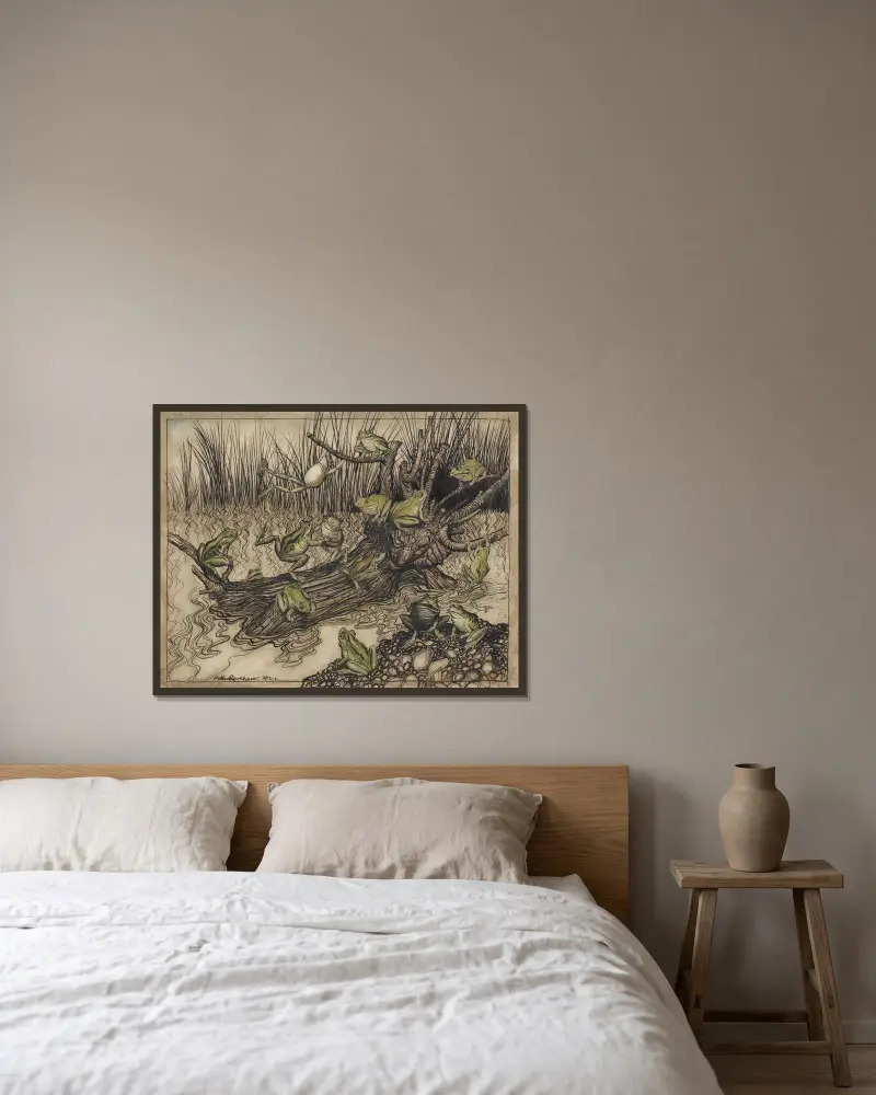 Aesops fabler. Kung Stock av Arthur Rackham inramad på en vägg