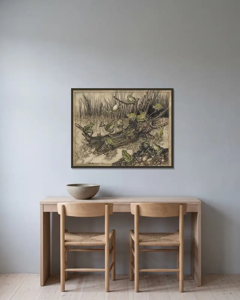 Aesops fabler. Kung Stock av Arthur Rackham inramad på en vägg