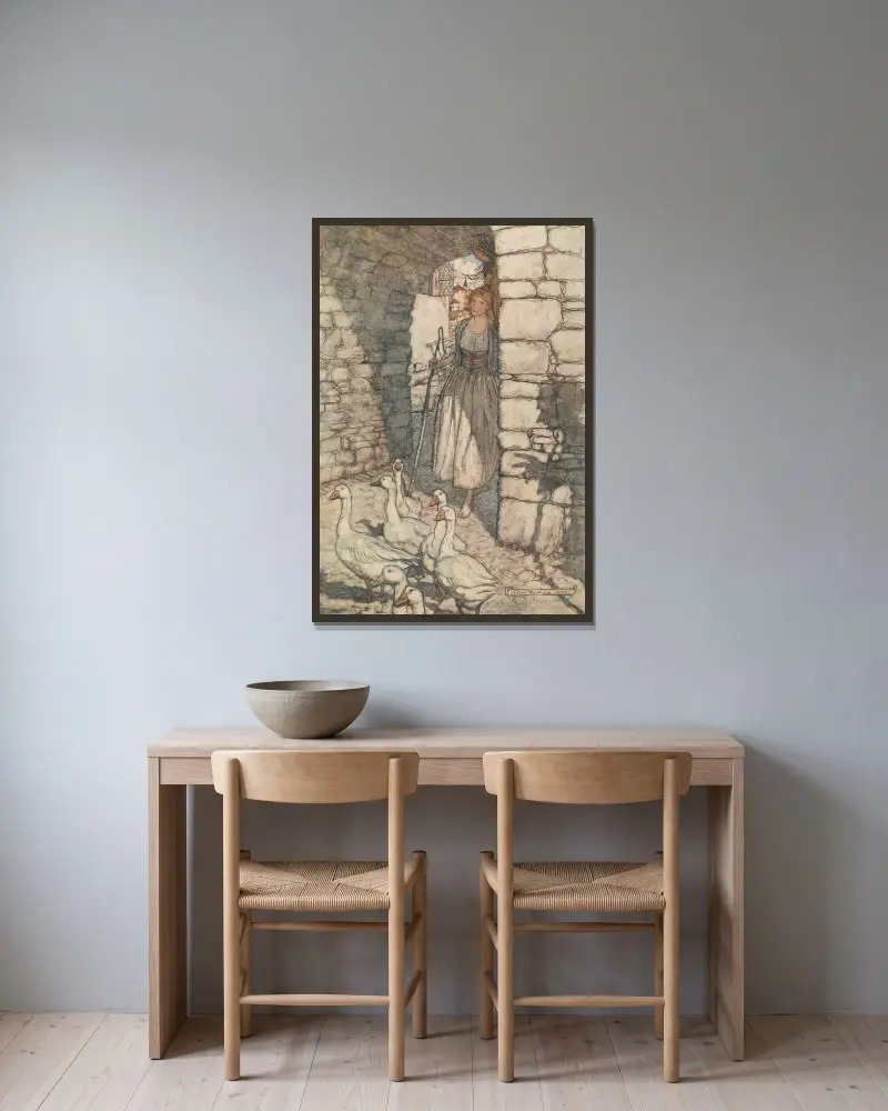 Ack! Kära Falada, där hänger du av Arthur Rackham inramad på en vägg